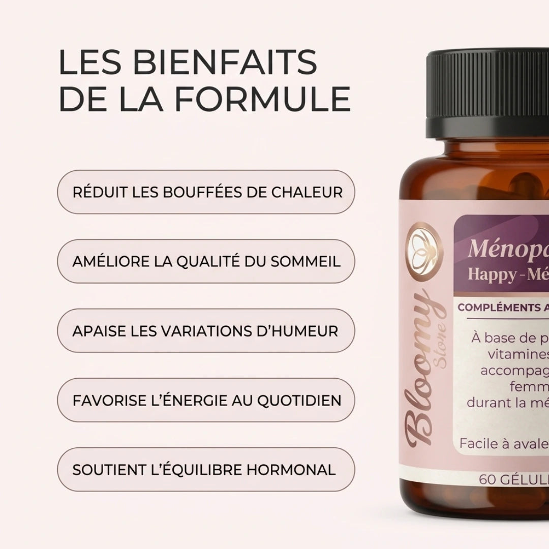Bienfaits Happy-Meno : réduit les bouéfes de chaleur, améliore le sommeil, apaise les variations d'humeur, favorise l'énergie, soutient l'équilibre hormonal