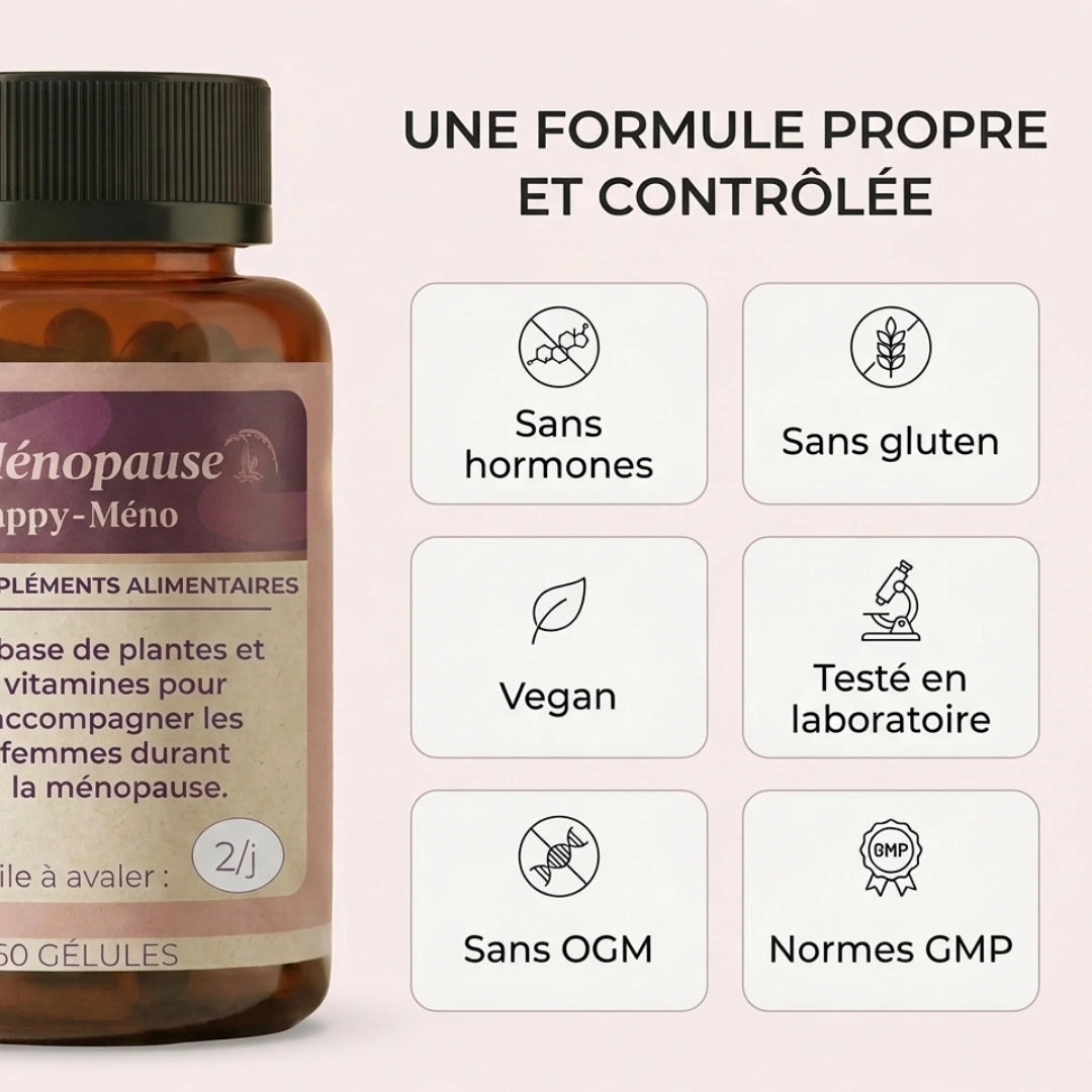 Happy-Meno formule propre et contrôlée : sans hormones, vegan, sans gluten, sans OGM, testé en laboratoire, normes GMP